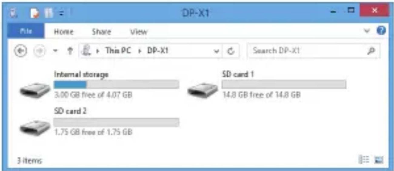 DP-X1 File Home Share View This PC DP-X1 Search DP-X1 Internal storage 3.00 GB free of 4.07 GB SD card 2 1.75 GB free of 1.75 GB SD card 1 14.8 GB free of 14.8 GB 3 items