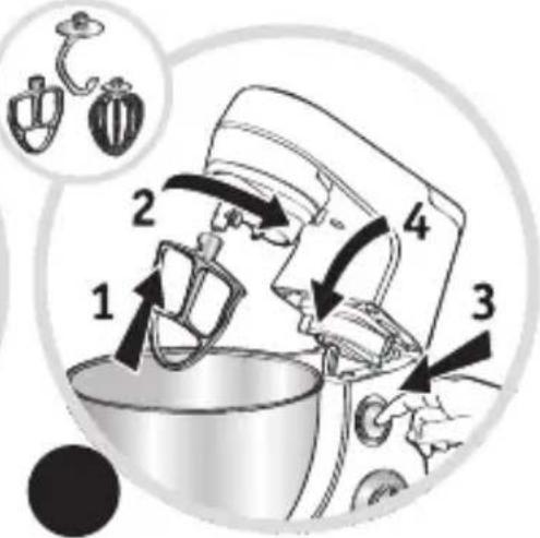 Diagram illustrating a kitchen mixer with numbered steps and a close-up of the mixing bowl, showing mechanical components and food items.