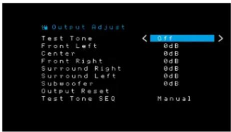 Output Adjust Test Tone Front Left Center Front Right Surround Right Surround Left Subwoofer Output Reset Test Tone SEQ < Off > 0dB 0dB 0dB 0dB 0dB Manual