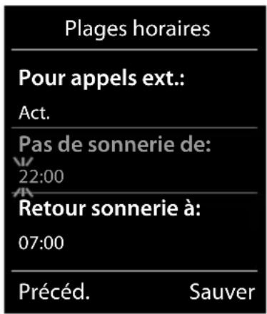 Plages horaires Pour appels ext.: Act. Pas de sonnerie de: 22:00 Retour sonnerie à: 07:00 Précéd. Sauver