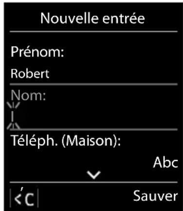 Nouvelle entrée Prénom: Robert Nom: Téléph. (Maison): Abc |<'C| Sauver