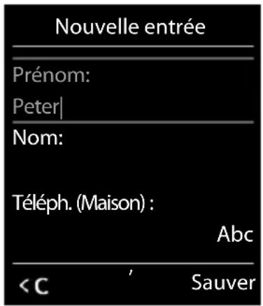 Nouvelle entrée Prénom: Peter| Nom: Téléph. (Maison) : Abc < C ' Sauver