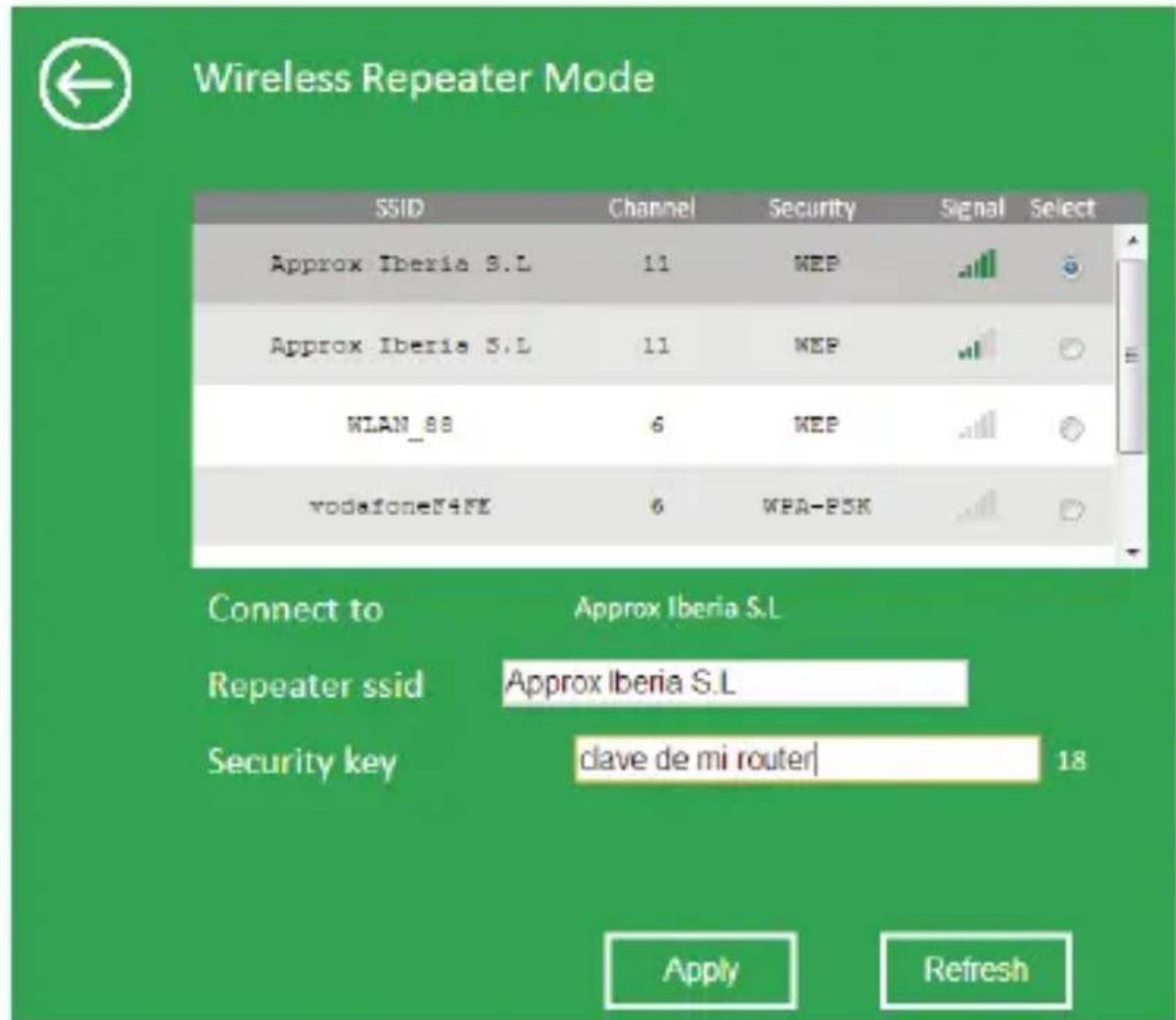 Wireless Repeater Mode SSID Channel Security Signal Select Approx Iberia S.L 11 WEP Approx Iberia S.L 11 WEP WLAN_88 6 WEP vodafone49E 6 WPA-ESK Connect to Approx Iberia S.L Repeater ssid Approx Iberia S.L Security key clave de mi router 18 Apply Refresh