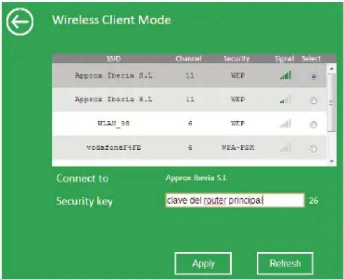 Wireless Client Mode SSID Channel Security Signal Select Approx Iberia S.L 11 WEP Approx Iberia S.L 11 WEP WLAN_88 6 WEP vodafoneF4FE 6 NBA-PSK Connect to Approx Iberia S.L Security key clave del router principal 26 Apply Refresh