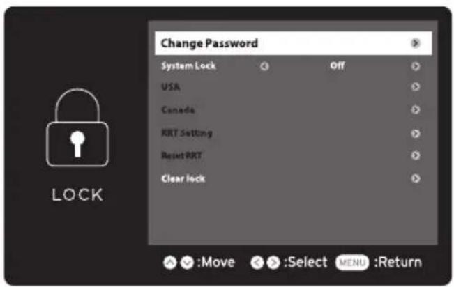 Change Password System Lock Off USA Canada KRT Setting Reset KRT Clear lock LOCK :Move :Select MENU :Return
