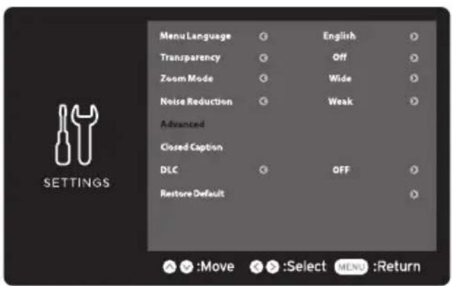 Menu Language English Transparency Off Zoom Mode Wide Noise Reduction Weak Advanced Closed Caption DLC OFF Restore Default :Move :Select MENU :Return