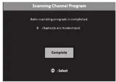 Scanning Channel Program Auto scanning program is completed. 0 channels are memorized. Complete :Select