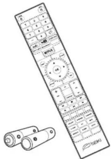 Diagram of a remote control with labeled buttons and two batteries, one showing a dial indicator.