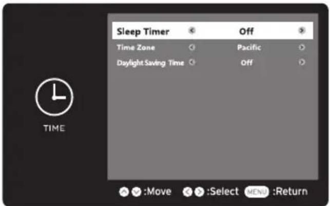 Sleep Timer Off Time Zone Pacific Daylight Saving Time Off TIME :Move :Select MENU :Return