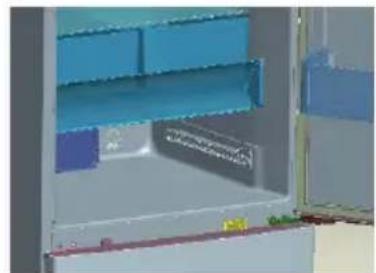 3D rendering of a room interior with blue shelves and a door (no visible text or symbols)