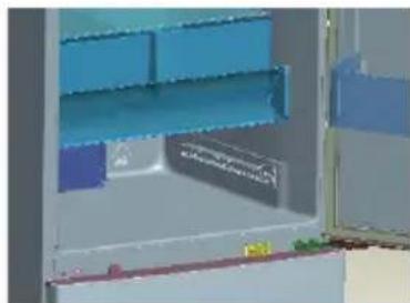 3D architectural rendering of a modern kitchen or storage unit with blue shelves and door (no visible text or symbols).