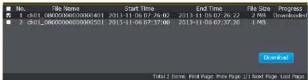 No. File Name Start Time End Time File Size Progress 1 ch01_08000000000000401 2013-11-06 07:26:02 2013-11-06 07:26:22 2 MB Downloaded 2 ch01_0800000000000501 2013-11-06 07:37:00 2013-11-06 07:37:20 1 MB Download Total 2 Items First Page Prev Page 1/1 Next Page Last Page