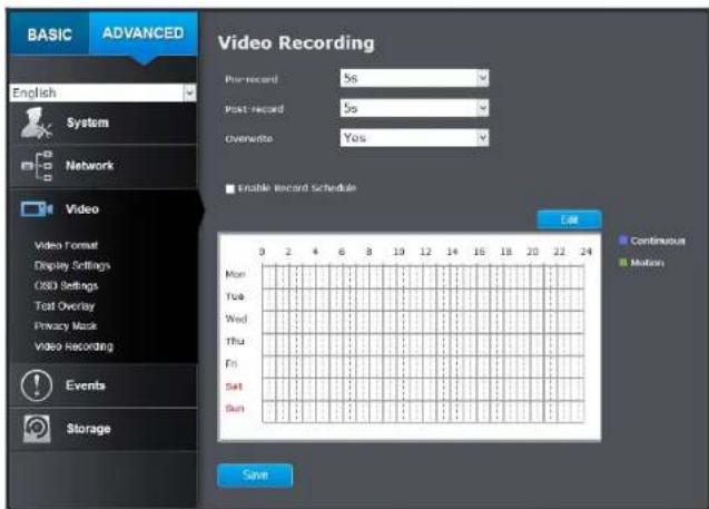 BASIC ADVANCED English System Network Video Video Format Display Settings OBS Settings Text Overlay Privacy Mask Video Recording Events Storage Video Recording Post-record 5s Post record 5s Overwrite Yes Enable Record Schedule Edit Continuous Motion 0 2 4 6 8 10 12 14 16 18 20 22 24 Mon Tue Wed Thu…