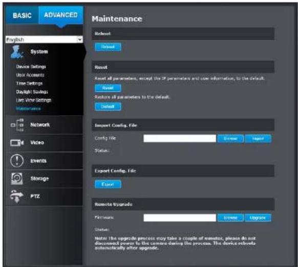 BASIC ADVANCED Maintenance Refresh Reset Reset all parameters, except the IP parameters and user information, to the default. Reset Restore all parameters in the default. Reset Import Config. File Config File Browse Export Status: Export Config. File Exit Remote Upgrade Firmware Browse Upgrade Statu…
