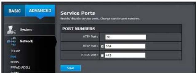 BASIC ADVANCED Service Ports Enable/ disable service ports. Change service port numbers. System Network TCP/IP Port DOWS PPPoE (ADSL) PLMB PORT NUMBERS HTTP Port : 80 RTSP Port : 554 HTTPS Port : 443 Save