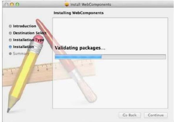 Install WebComponents Installing WebComponents Introduction Destination Select Installation Type Installation Summary Validating packages... Go Back... Continue
