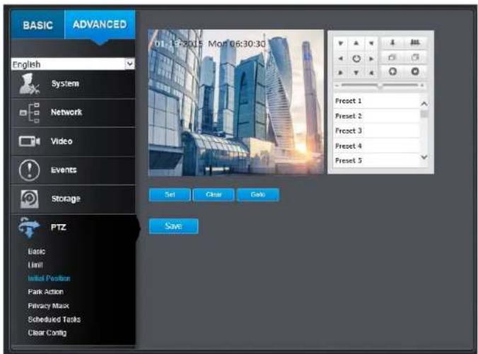 BASIC ADVANCED English System Network Video Events Storage PTZ Basic Unit Initial Position Park Action Privacy Mask Scheduled Tasks Clear Config 01:15:2015 Mon 06:30:30 Preset 1 Preset 2 Preset 3 Preset 4 Preset 5 Set Clear Gate Save