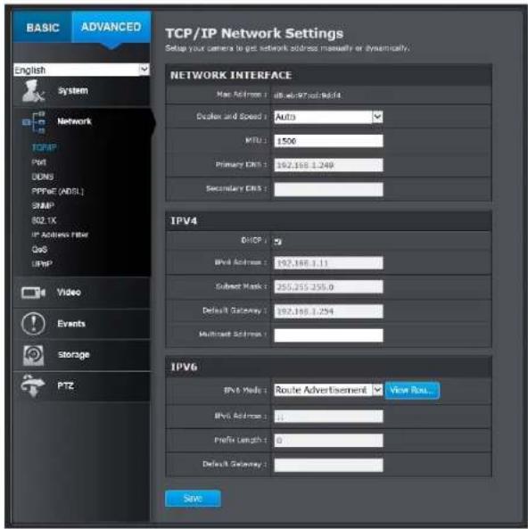 BASIC ADVANCED English System Network TCP/IP Pvt DDNS PPPoE (ADD.) SNMP 802.1K IP Address Filter QoS UNIP Video Events Storage PTZ TCP/IP Network Settings Setup your camera to get network address manually or dynamically. NETWORK INTERFACE Mac Address: 123997000000000000000000000000000000000000000000…