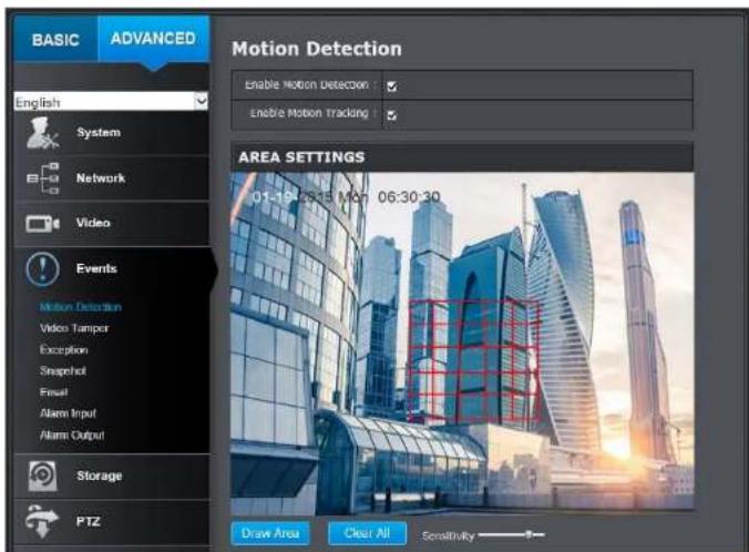 BASIC ADVANCED Motion Detection Enable Motion Detection Enable Motion tracking AREA SETTINGS 01-19 2015 Mon 06:30:30 Draw Area Clear All Sensitivity