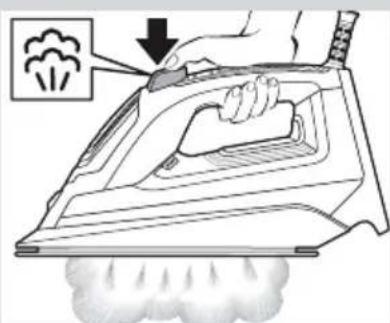 Diagram showing a hand using a steam iron to press air, with an icon indicating smoke or dust emission.