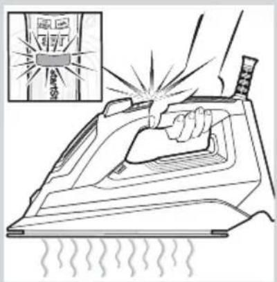 Diagram illustrating a hand using a power iron to clean air, with an inset showing a warning label and a magnified view of the iron.