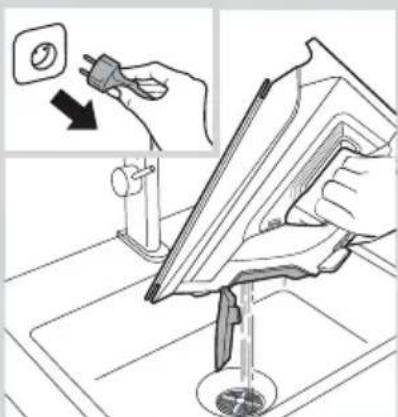 Diagram illustrating a manual tool application on a kitchen sink, with an arrow indicating the process and a magnified view of the tool's tip.