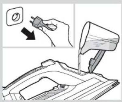 Diagram illustrating a hand pouring liquid into a car hood, with an inset showing the process and a magnified view of the component being inserted.