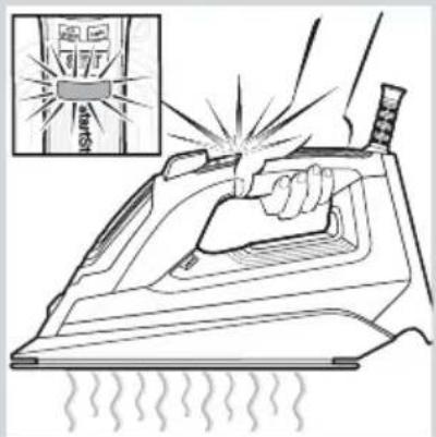Illustration of a hand using an iron on a steam iron, with a magnified inset showing a warning label and a warning symbol.