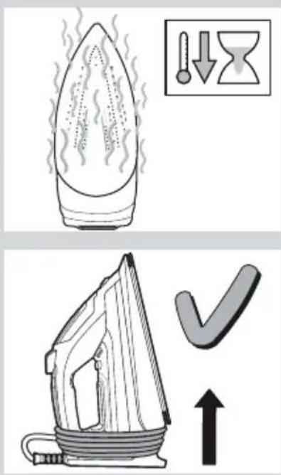 Diagram illustrating heating and cooling methods for a steam iron, showing temperature change and directional indicators.