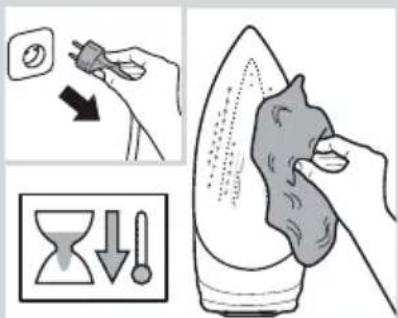 Illustration showing a hand cleaning an iron with a power plug, accompanied by a water level indicator and a magnified view of the process.