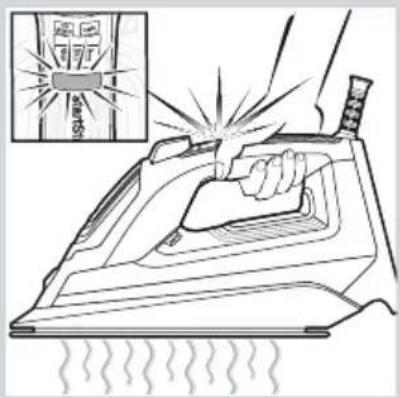 Illustration of a hand using an iron on a steam iron, with a magnified inset showing a warning sign and Chinese text.