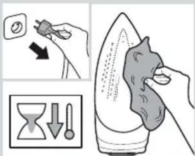 Illustration showing a hand cleaning an iron with a power plug, accompanied by a directional control panel and hourglass icon.