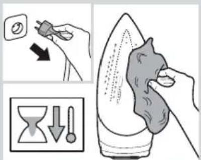 Illustration showing a hand using a power tool to clean air, with an hourglass icon and downward arrows indicating process steps.