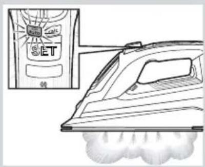 Diagram showing a steam iron with a SET air conditioner unit and its exhaust plume, alongside an inset image of the same air conditioner.