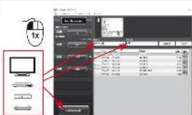 Screenshot of a software interface with labeled buttons and data panels, showing a mouse cursor pointing to a monitor.