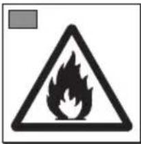 Warning sign depicting a flame inside a triangle, with a gray square symbol at the top left.