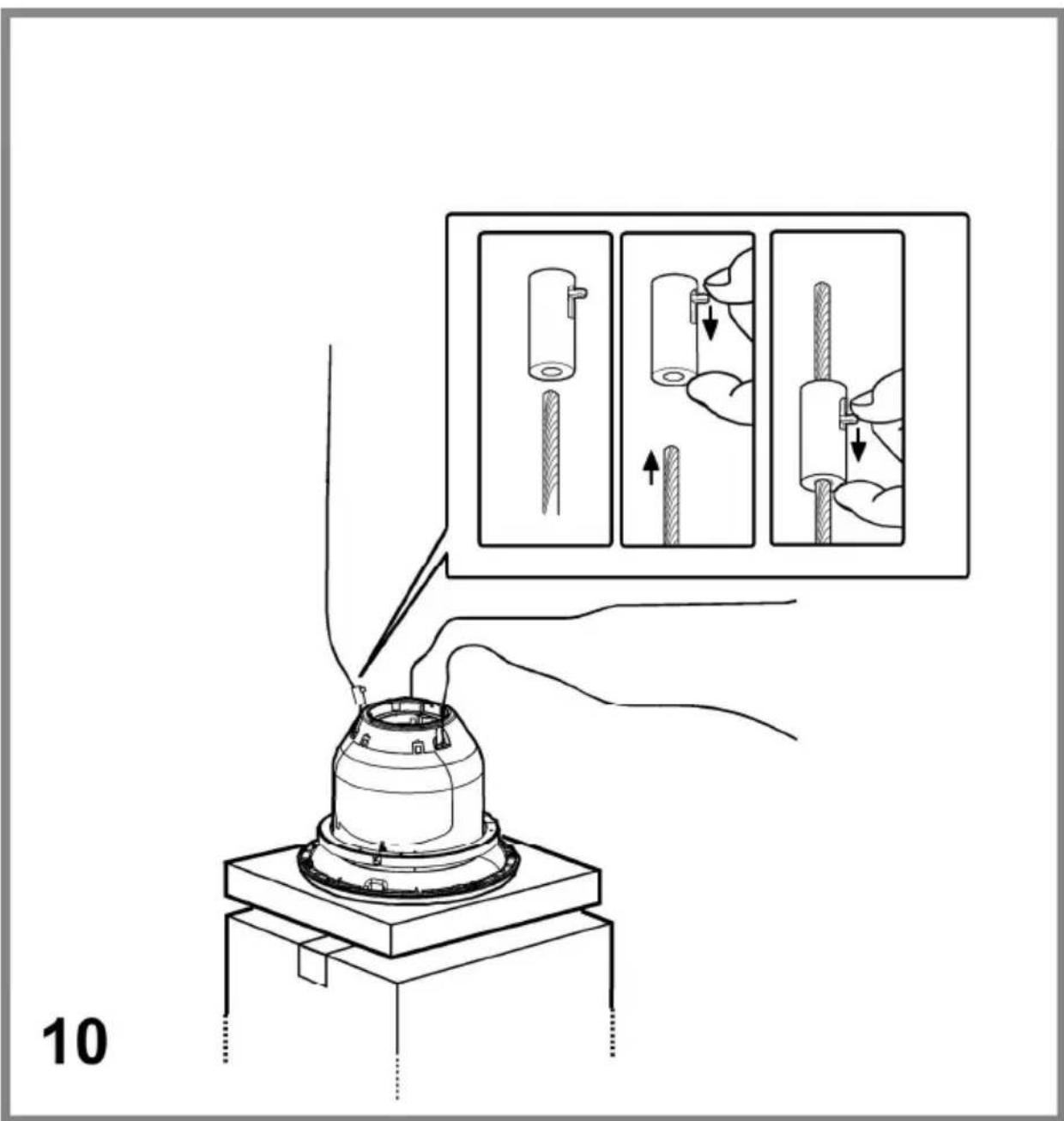 Diagram showing a mechanical assembly with three stages of tool manipulation, including a close-up of cylindrical components and directional arrows (no text or symbols).