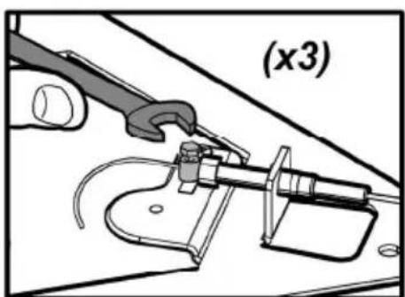 Mechanical assembly diagram showing a wrench tool interacting with a bracket and clamp, with no text or symbols.