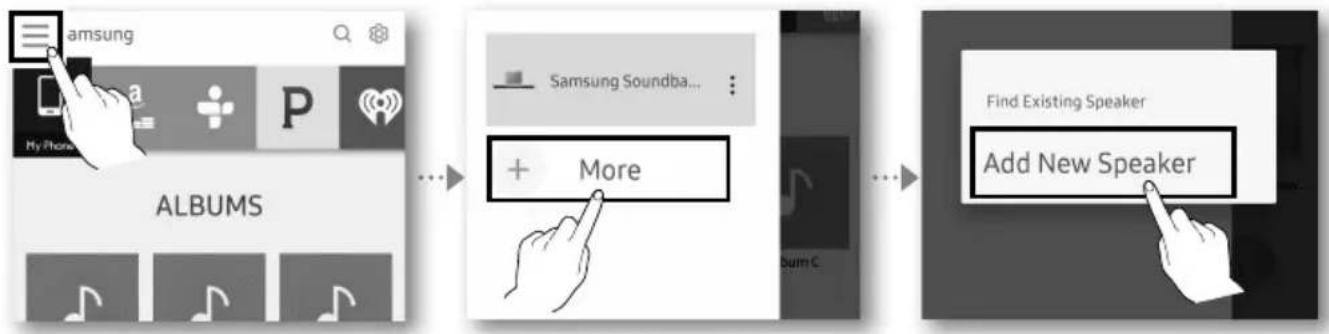 graph LR A["My Phone"] --> B["Albums"] B --> C["More"] C --> D["Find Existing Speaker"] D --> E["Add New Speaker"]