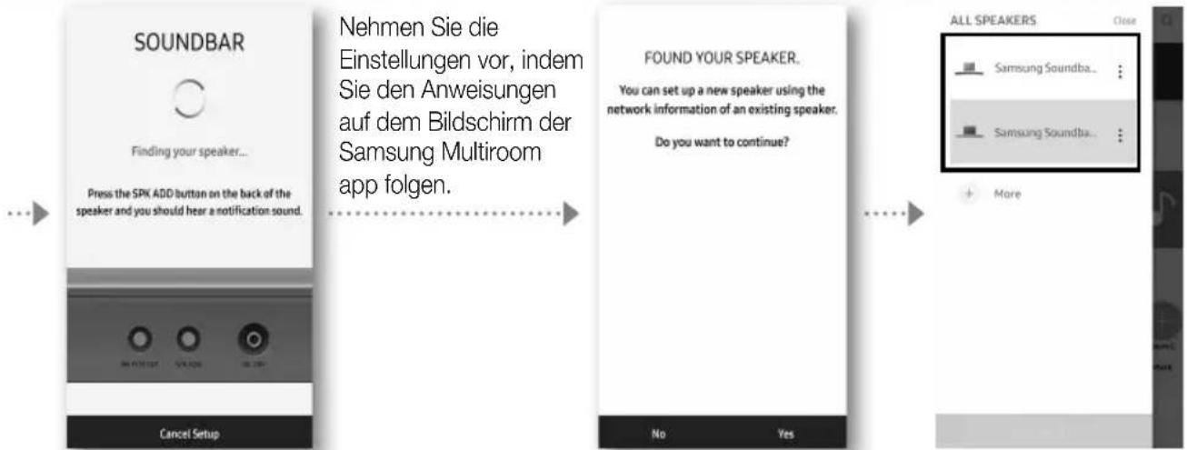 graph LR A["SOUNDBAR"] --> B["Finding your speaker..."] B --> C["Press the SPK ADD button on the back of the speaker and you should hear a notification sound."] C --> D["Cancel Setup"] D --> E["Nehmen Sie die Einstellungen vor, indem Sie den Anweisungen auf dem Bildschirm der Samsung Multiroom app f…