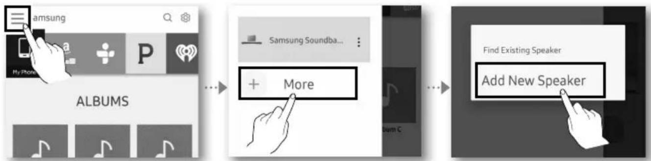 graph LR A["My Phone"] --> B["Albums"] B --> C["+ More"] C --> D["Find Existing Speaker"] D --> E["Add New Speaker"]