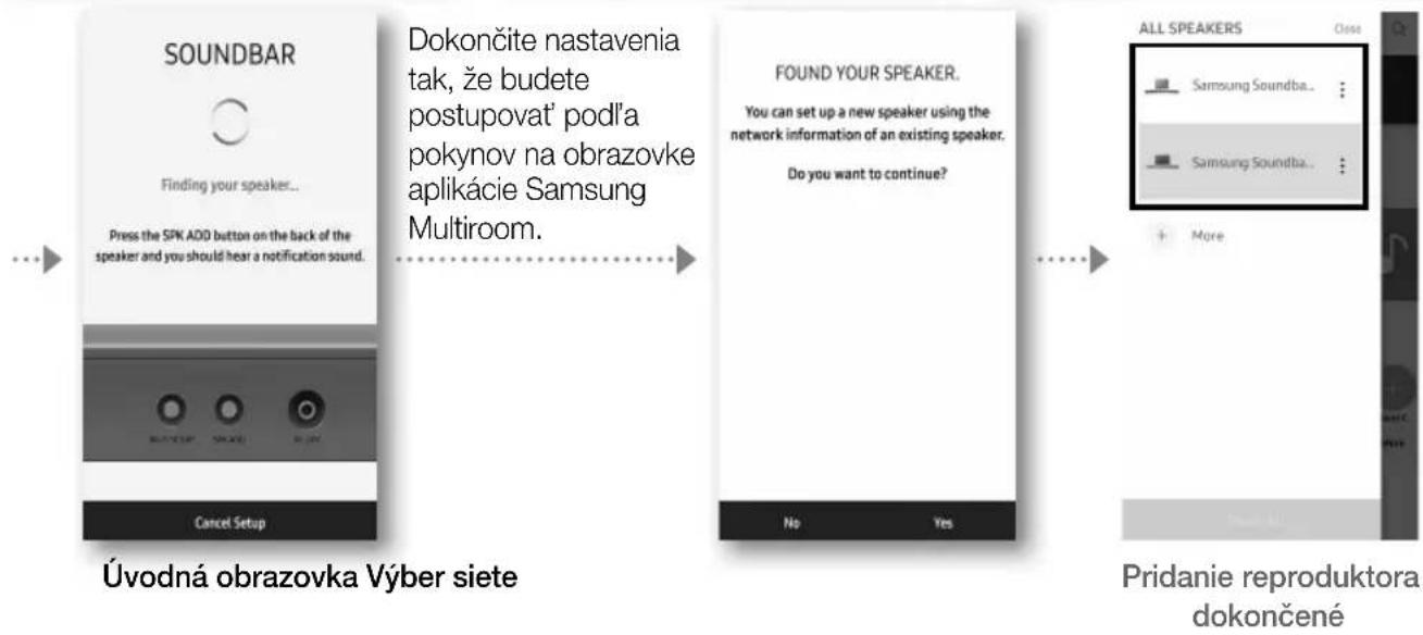 graph LR A["SOUNDBAR"] --> B["Finding your speaker..."] B --> C["Press the SPK ADD button on the back of the speaker and you should hear a notification sound."] C --> D["Cancel Setup"] D --> E["Dokončite nastavenia tak, že budete postupovat' podl'a pokynov na obrazovke aplikácie Samsung Multiroom."]…