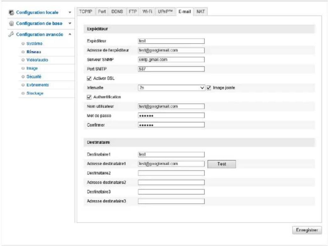Configuration locale Configuration de base Configuration avancée Système Réseau Video/audio Image Sécurité Evénements Stellung TCP/IP Port DDNS FTP Wi-Fi UPnP™ E-mail NAT Expéditeur Expéditeur funds! Adresse de l'expéditeur funds@googlemail.com Serveur SNMP funds.gmail.com Port SMTP funds. ✓ Activer SSL Intervalle 2s ✓ Image jointe ✓ Authentication Nom utilisateur funds@googlemail.com Mot de pacoa ••••••• Confirmer •••••••• Destinataire Destinataire1 funds! Adresse destinataire1 funds@googlemail.com Test Destinataire2 Adresse destinataire2 Destinataire3 Adresse destinataire3 Enregistrer