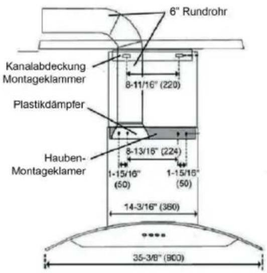 6" Rundrohr Kanalabdeckung Montageklammer 8-11/16" (220) Plastikdämpfer Hauben- Montageklamer 8-13/16" (224) 1-15/16" (50) 1-15/16" (50) 14-3/16" (360) 35-3/8" (900)
