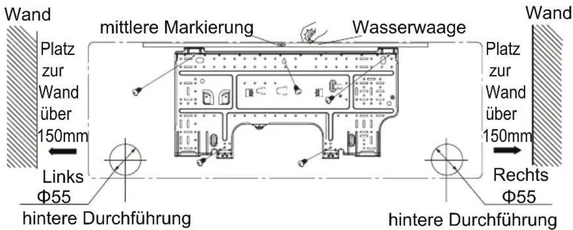 Wand Platz zur Wand über 150mm Links Φ55 mittlere Markierung Wasserwaage Platz zur Wand über 150mm Rechts Φ55 hintere Durchführung hintere Durchführung Wand