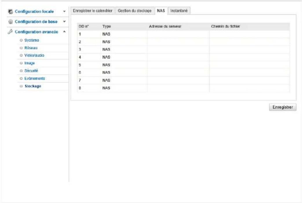 Configuration locale Configuration de base Configuration avancée Système Réseau Vidéo/audio Image Sécurité Evénements Stockage Enregistrer le calendrier Gestion du stockage NAS Instantané DD n° Type Adresse du serveur Chemin du fichier 1 NAS 2 NAS 3 NAS 4 NAS 5 NAS 6 NAS 7 NAS 8 NAS Enregistrer