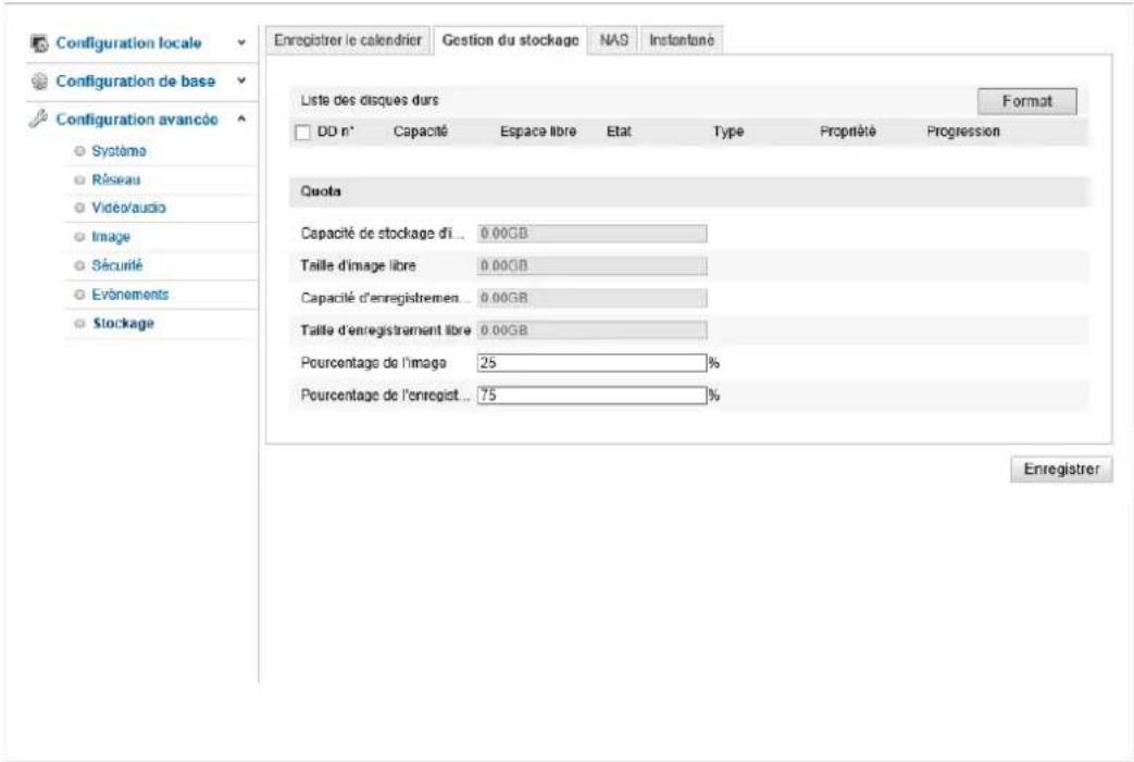 Configuration locale Configuration de base Configuration avancée Système Réseau Video/audio Image Sécurité Evonements Stockage Enregistrer le calendrier Gestion du stockage NAS Instantone Liste des disques durs Format DD n° Capacité Espace libre Etat Type Propriété Progression Quota Capacité de stockage di... 0.00GB Taille d'image libre 0.00GB Capacité d'enregistrement... 0.00GB Taille d'enregistrement libre 0.00GB Pourcentage de l'image 25 % Pourcentage de l'enregist... 75 % Enregistrer