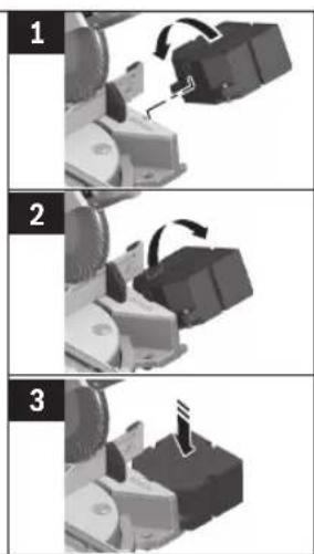 Three-step diagram showing mechanical assembly steps with arrows indicating motion direction