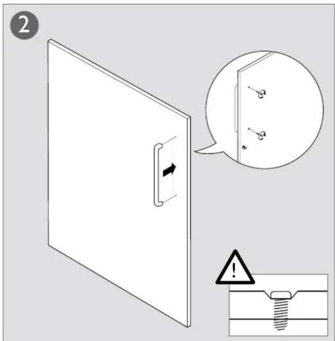 Technical diagram showing a door mechanism with an arrow indicating direction, alongside a warning sign and a magnified view of a wall-mounted component.