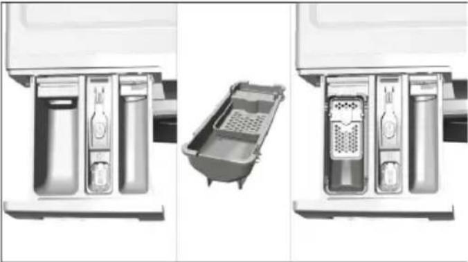 Three-panel illustration of a kitchen appliance showing internal compartments and a side view of a sink with filter (no text or symbols).